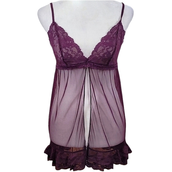 Victoria's Secret Other - Victoria's Secret Nightie Purple Sheer Tulle Flyaway Front Cutout Back Lace Trim